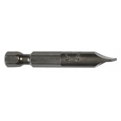 Set of five slotted-head impact bits with hex shanks for use with impact drivers. Each bit has an imperial 14F-16R industry size and is constructed from S2 steel. Suitable for driving screws and fasteners in assembly and maintenance tasks.