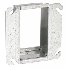 Steel plaster ring with raised cover design, 1-1/2 in raised height, and 4 x 4 in overall dimensions. Used to extend a standard 4 in square electrical box to the finished wall surface in drywall or plaster applications.