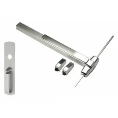 Aluminum surface vertical rod exit device with touchbar and thumbpiece pull. Designed for doors up to 3 ft wide. Suitable for commercial building egress applications requiring push-bar operation.