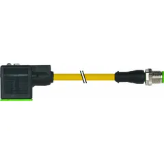 This cordset connects devices with a DIN Form CI interface to M12-compatible controllers or I/O modules. It features an M12 male straight connector on one end and a DIN Form CI connector on the other, with a 0.3 m PVC yellow cable, 3 pins, 18 AWG wire, and IP67 rating for use in industrial environments.