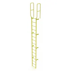 Single-section fixed ladder with 16 steel rungs, 28 in overall width, and 19 ft overall height. Designed for permanent walk-thru access to elevated platforms, mezzanines, and rooftops in industrial environments.