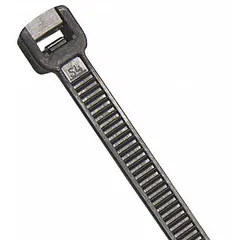 Black nylon cable ties for bundling and securing wires, cables, and hoses. Each tie has an 11-inch length, 0.14-inch width, and accommodates a maximum bundle diameter of 3 inches. Rated for outdoor use, suitable for UV-resistant installations. Sold in a 100-pack.