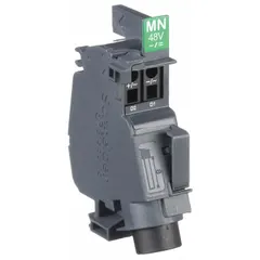 Undervoltage release accessory for PowerPact B circuit breakers. Trips the breaker when voltage drops below a specified level, protecting equipment in electrical distribution systems. Operates at 48V AC/DC. No poles.
