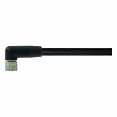 Single-ended cordset with a black PVC jacket for flexing applications. Features an M8 female right-angle connector on one end and bare wire on the other. 3 pins, 24 AWG wire size, 5 m cable length, IP65 rating. Suitable for connecting sensors or actuators in industrial automation where space is limited.
