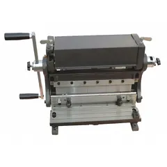 This manual combination machine integrates bending, rolling, and shearing functions for sheet metal work. It handles steel up to 19 ga with a maximum bend angle of 90°. Suitable for fabrication and maintenance tasks requiring forming and cutting of sheet metal.