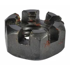 Castle nut designed for use with Dayton brand material handling equipment. Fits models 1VW58, 1VW59, and 1VW60. Used to secure components in industrial material handling applications.