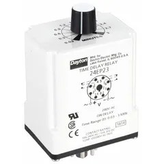 Socket-mounted time delay relay with on-delay function. Rated 240V AC and 10 A. Features 8 pins/terminals for connection via compatible socket. Used in industrial automation for timed sequencing of motors, conveyors, and HVAC equipment.