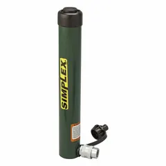 Single-acting hydraulic ram with 10 ton nominal capacity and 12 in nominal stroke. Steel construction. Used for lifting, pressing, and pushing in industrial maintenance and construction applications.