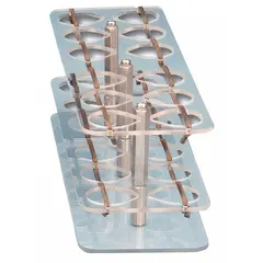This GENIE test tube rack holds up to (12) tubes, with overall dimensions of 10 1/2 in length, 3 3/4 in width, and 1 1/8 in height. It is used in laboratory settings for organizing and storing test tubes during experiments, testing, or sample storage.