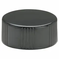 Black phenolic opaque screw cap with 24-400 mm thread size. Pack of 144 closures. Designed for standard 24-400 mm threaded containers, providing a secure seal without liner. Suitable for laboratory and chemical storage applications requiring light protection.