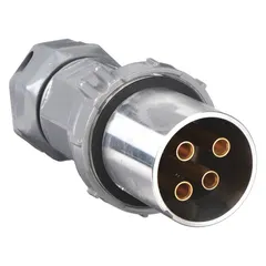 Three-phase pin and sleeve plug rated 200 A at 250V DC/600V AC. 3-pole, 4-wire configuration with gray housing. Suitable for hazardous locations requiring robust electrical connections in industrial environments.