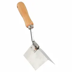 This outside-corner drywall trowel features a stainless steel blade measuring 5 inches in length and 4 inches in width. It is used for applying drywall compound to outside corners during wall finishing. The tool is suited for drywall work in construction and renovation.