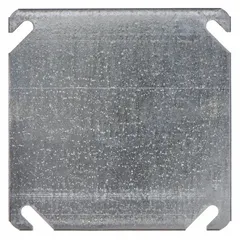 This steel blank cover is designed for square electrical boxes. It provides a flush closure for unused openings in junction or outlet boxes. The cover has a 4-inch overall length and is made of steel.
