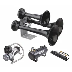 WOLO Horn Kit: 12V DC, Electric, Black, Painted, 152 dB Sound Level - Max, 16 1/2 in Lg (In.) (MPN 847-858). Key specifications — Brand: WOLO; Finish: Painted; Includes: 10 ft of Flexible High-Pressure Hose; Color: Black.