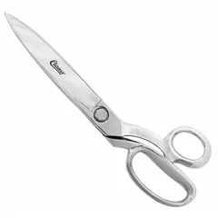 All-metal offset scissors with 12-inch straight steel blades and pointed tips in a silver finish. Designed for right-hand operation, suitable for cutting heavy fabrics in upholstery and textile applications.