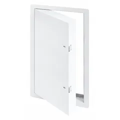 This steel locking access door is designed for wall mounting to provide secure access to mechanical, electrical, or plumbing systems. It features a piano hinge and exposed flange, with a 16-gauge frame and a powder-coated white finish.