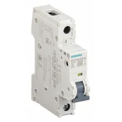 This Siemens miniature circuit breaker is a 1-pole, B-curve unit rated at 6 A. It is UL489 listed for DIN rail mounting and features a screw clamp terminal connection. The breaker provides overcurrent protection for branch circuits in industrial control panels, HVAC equipment, and machinery, with a maximum interrupting rating of 14 kA at 240 V AC and a DC voltage rating of 60 V.