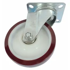 This steel swivel caster features a red finish with zinc coating. It measures 5 inches in overall length and 1 1/4 inches in overall width. Commonly used as a replacement caster for platform trucks in material handling applications.