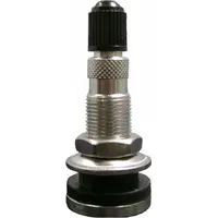 Clamp-in straight tire valve stem with 180° valve stem angle, made of stainless steel with a silver finish. Features a 0.305-32 thread size and meets TR618A standards. Suitable for use on tractors, allowing inflation and deflation of tires that may contain liquid ballast