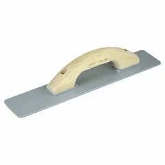This concrete hand float features a square, beveled-edge magnesium blade that is broken-in for immediate use. The wood handle provides a comfortable grip. It is used for finishing and smoothing concrete surfaces, particularly for edge work.