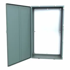 This steel washdown enclosure measures 60 x 36 x 16 inches and includes a solid cover and panel. It is rated NEMA 12/13/3R/4, suitable for indoor or outdoor use where protection from dust, falling dirt, dripping non-corrosive liquids, and hose-directed water is required. The clamp closure method secures the cover without the need for tools. Knockouts are not provided.