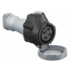 This HUBBELL pin and sleeve connector is rated for 600V AC, 60 amps, three-phase, with 3 poles and 4 wires, and features IEC grounding. Designed for washdown environments, it provides a watertight connection suitable for industrial power distribution in wet or dusty conditions.