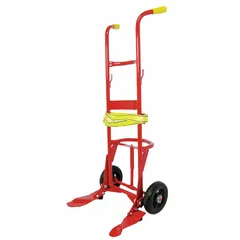 Steel-frame hand truck for moving plastic containers. Load capacity 1,000 lb. Overall dimensions 59-1/2 in x 24 in x 25 in. Equipped with tread on core rubber wheels. Suitable for transport of 55-gallon plastic drums in industrial and warehouse settings.