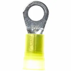 Nylon-insulated ring terminal rated for 1000 V. Accepts 4 AWG wire and fits a 3/8 in stud. Used for secure electrical connections in industrial control panels, power distribution, and heavy equipment wiring.