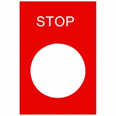 Rectangular non-metallic legend plate for 22 mm panel-mounted push-buttons. Features a red background with white 'Stop' text in English. Overall height 1 3/16 in, overall width 1 5/8 in. Used to clearly identify stop functions in industrial control panels and machinery.
