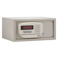 This 0.4 cu ft capacity steel safe features a digital combination lock for keyless entry. Powered by AA alkaline batteries, it is designed for securing valuables in hotel guest rooms or residential settings. Not fire rated, it provides basic theft deterrence