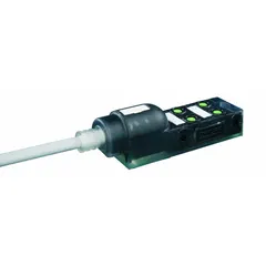 This passive sensor junction block consolidates multiple sensor signals into a single homerun cable. It features 4 ports with 4-pole M8 female connectors, a 5-meter gray PUR/PVC cable, PNP electrical design, and IP65 rating. Suitable for industrial automation applications requiring reliable connectivity.
