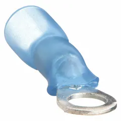 Insulated ring terminal with heat shrink insulation rated for 600 V. Accepts 16 AWG to 14 AWG wire and fits a 1/4 in stud. The heat shrink sleeve seals the connection against moisture and corrosion. Suitable for use in control panels, motor connections, and outdoor equipment.