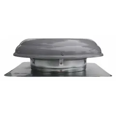 Roof-mount attic exhaust fan with standard-efficiency electric motor delivering 1,500 cfm maximum airflow at 0.000 in SP. Operates on 120V AC at 2.3 A, covering up to 2,100 sq ft of attic space. Includes built-in humidistat and thermostat for automatic temperature and humidity control. Features a gray zinc-plated steel dome; does not include shutter or fire safety shut-off.