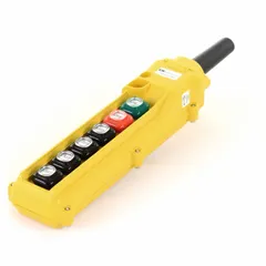 Thermoplastic enclosure push-button pendant with six operators configured as maintained/maintained/momentary/momentary/momentary/momentary action and On/Off legend. Features 1NO/1NC contacts, AC rating 5 A @ 125/240 V, DC rating 2 A @ 24 V, and dead-end hub style. Suitable for remote control of industrial machinery such as hoists, cranes, and conveyors.