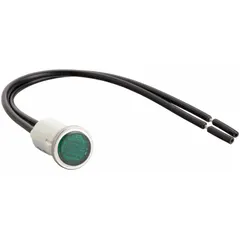 Green neon indicator pilot light with a 12 mm panel mounting hole diameter. Nylon construction with integrated lens. Terminated with 6-inch wire leads for electrical connection. Used to indicate equipment status on control panels and electrical enclosures.