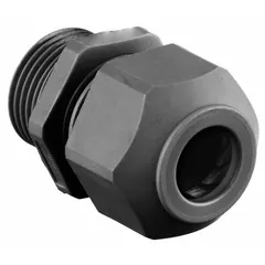 Straight nylon cable grip with M20 box connection, accepting cord diameters from 0.17 to 0.45 inches. Black nylon body, IP66 rated, and Class I, Division 2 hazardous location rated. Measures 15/16 inch from box to end of connector. Used for sealing and strain relief of electrical cables entering enclosures in industrial environments.