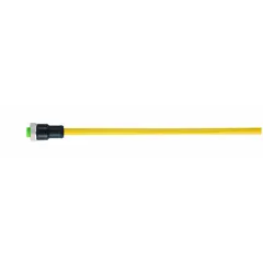 Single-ended cordset with 7/8" female straight connector and bare wire termination. Features 3 pins, 16 AWG wire, 12 A max current, and IP68 rating. Yellow TPE jacket provides resistance to moisture and abrasion for heavy-duty industrial environments.
