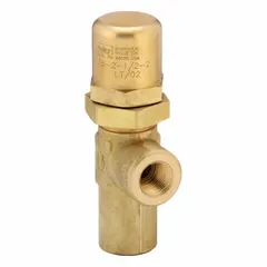 Soft-seat pressure control valve with brass body and 1/2 in NPT ports. Maximum set pressure 35 psi, flow capacity 10 gpm. Used to regulate downstream pressure in hydraulic and pneumatic systems, including industrial fluid power circuits and process control applications.