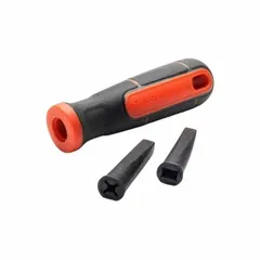 This plastic push-on handle features a tapered design and accepts interchangeable inserts for versatile use. With a 4 1/2 in overall length, it is suited for applications requiring quick tool changes and ergonomic grip in assembly and maintenance tasks.