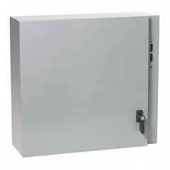 Powder-coated steel enclosure for housing disconnect switches. Measures 30 x 21 x 8 inches with a keyed handle closure. Suitable for industrial environments where protection against dust, dirt, and non-corrosive liquids is required.