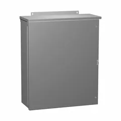This HAMMOND steel enclosure measures 24 x 20 x 8 inches and is rated NEMA 3R for outdoor use where rain, sleet, and ice are present. It features a hinged solid cover secured with screws, a painted finish, and no knockouts. Suitable for protecting electrical controls, terminals, and instruments in industrial environments.