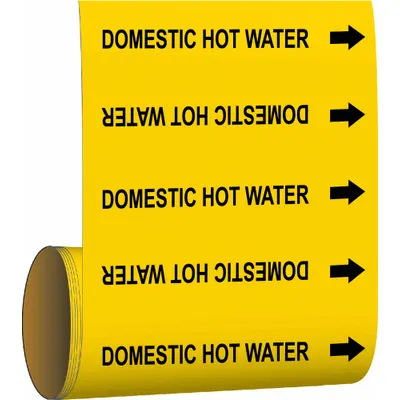 BRADY Pipe Marker: Domestic Hot Water, Yellow, Black, Fits 2 in and Smaller Pipe O.D. - Domestic Hot Water Adhesive Pipe Markers on a Roll