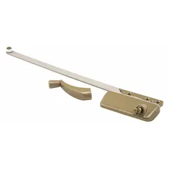 This left-hand, surface-mount window operator is designed for casement windows. It includes a crank handle and features a copper-plated gold finish. The base length is 3 inches. Suitable for opening and closing casement windows in residential or commercial buildings.