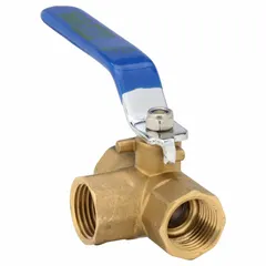 This three-way ball valve features a brass body with L flow pattern and FNPT threaded connections on all ports. The two-piece design and lever handle allow manual flow diversion or mixing in plumbing and industrial piping systems.