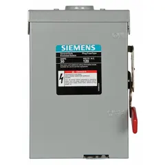 This Siemens fusible safety switch is rated for 30 A and 120V AC, single phase. It features a galvanized steel enclosure suitable for both indoor and outdoor use. The switch provides a manual disconnect point for electrical circuits, commonly used in lighting, motor, and equipment applications.