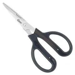 These 7-inch plastic-handle scissors feature a partially serrated, pointed stainless steel blade and an ambidextrous brown handle. Suitable for cutting fabrics and trim in upholstery and general textile work.