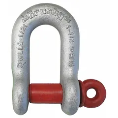 Carbon steel D-shackle with a silver body, rated for a working load limit of 9,500 lb and a width between eyes of 1 1/4 in. Used in lifting and rigging applications to connect chains, hooks, or slings in overhead material handling.
