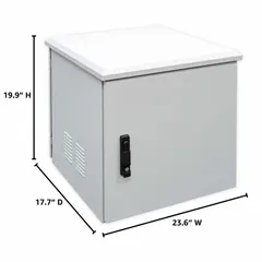 This fan-cooled server rack enclosure provides 9 rack units of space for mounting network equipment. Constructed from steel with a powder-coated finish, it measures 19 7/8 x 23 5/8 x 17 3/4 inches. A key is included for securing the cabinet. Suitable for housing switches, patch panels, and servers in indoor or outdoor installations.