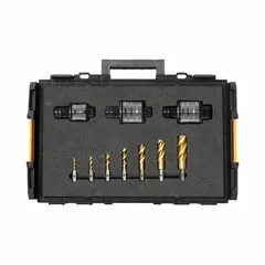 This 9-piece set includes 1/2 in VersaDrive spiral-flute taps and a clutched tapping adapter for use with impact wrenches. The taps are made from TiN coated high speed steel with 6H tolerance class. Suitable for thread cutting in metalworking applications.