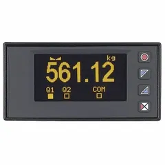 Strain gauge digital panel meter with yellow OLED display and graph capability. Offers display span from -999,999 to 999,999, accuracy of +/-1%, RS-485 interface, and relay rated 2.00 A @ 250 V AC. Operates on 24 V AC to 230 V AC power. Suitable for measuring and displaying strain gauge signals in industrial weighing, force measurement, and structural testing applications.